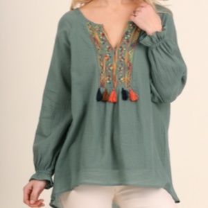 Umgee Embroidered Tassel Peasant Blouse